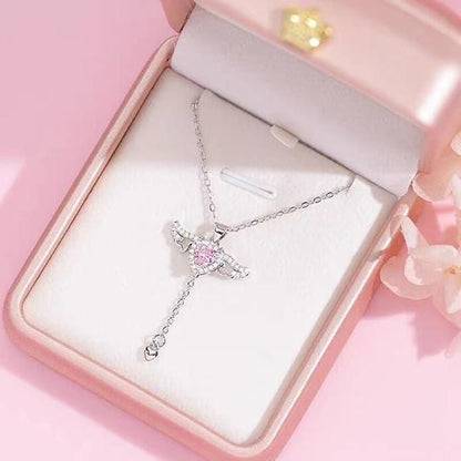 Silver Plated Chain With Heart Angel Wings Pendant